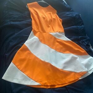 Orange and White Asymmetrical Midi Dress Crew Neck